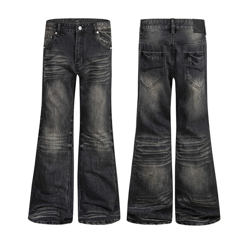 Vaqueros flare negros lavados para hombre – Denim de pierna ancha desgastado con detalle de bigotes
