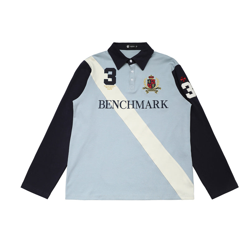 Benchmark Long-Sleeve Rugby Polo Shirt – Colorblock Diagonal Stripe & Crest