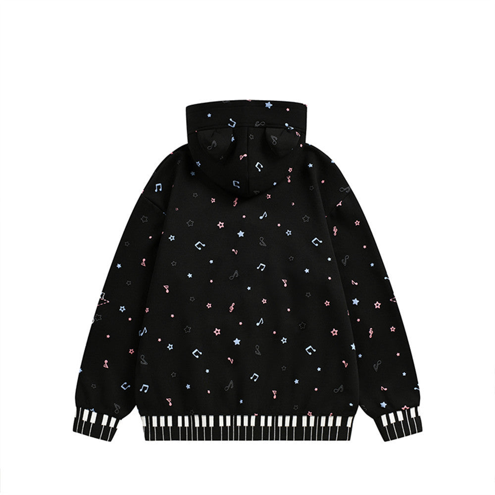 Cat Ear Zip-Up Hoodie with All-Over Music Note & Cartoon Print