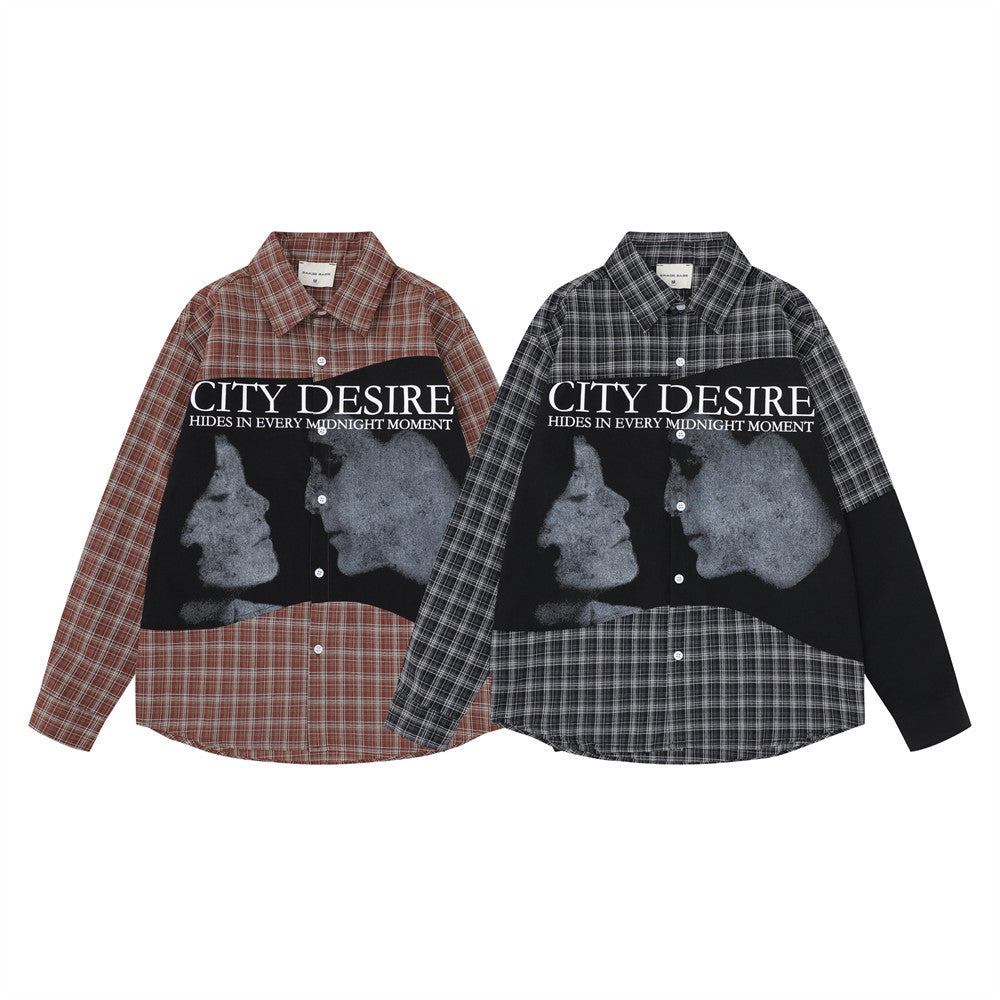 Men's Plaid Patchwork Long Sleeve Shirt – City Desire Graphic Print