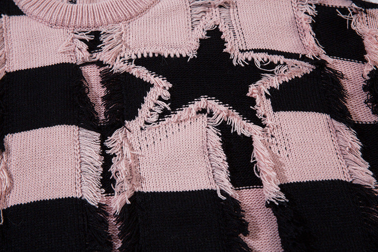 Pull oversize en maille rayée à étoiles délavée – Col rond à franges
