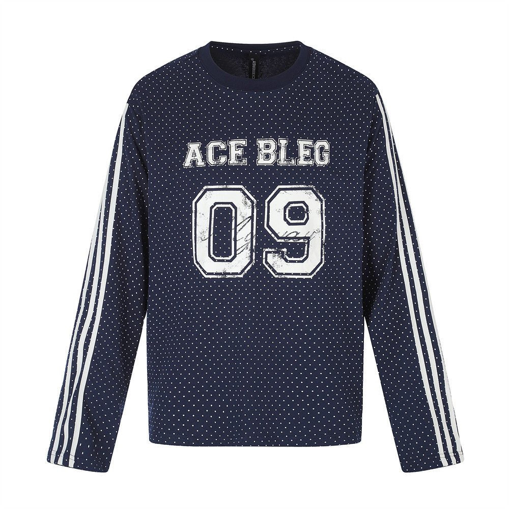 Men's Long Sleeve Tee Shirts – ACE BLEG 09 Varsity Number Polka-Dot Stripe Top