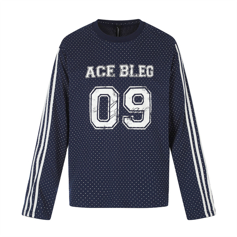 Men's Long Sleeve Tee Shirts – ACE BLEG 09 Varsity Number Polka-Dot Stripe Top
