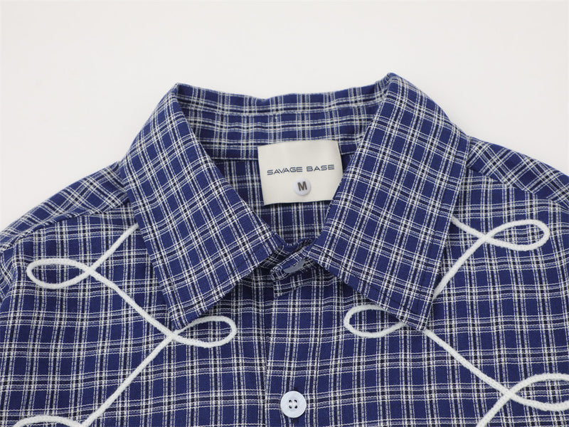 Men's Plaid Long Sleeve Shirt with Rope Loop Embroidery — Relaxed Fit