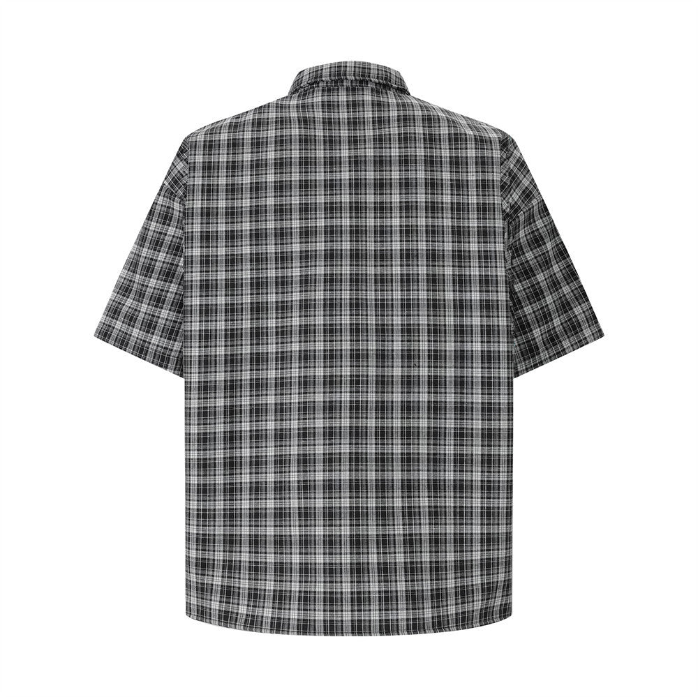Oversized Plaid Short-Sleeve Shirt with Pearl Star Embroidery