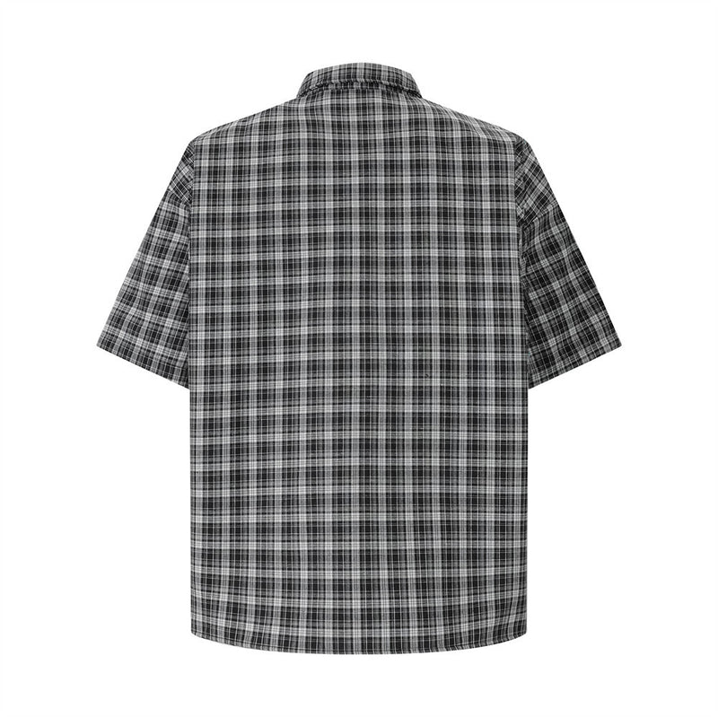 Oversized Plaid Short-Sleeve Shirt with Pearl Star Embroidery