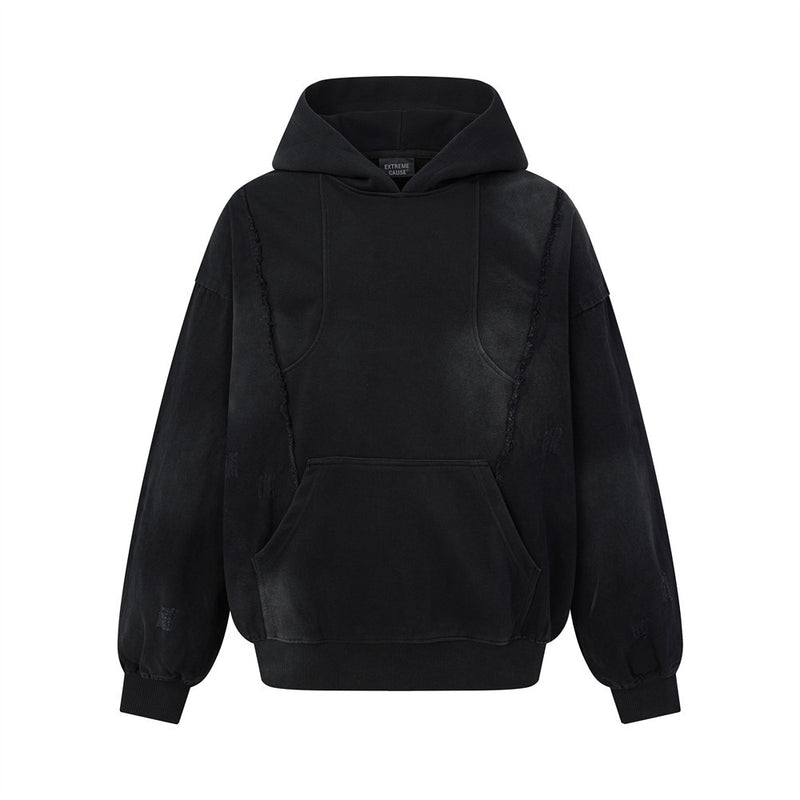 Sweat à capuche oversize à enfiler, délavé et usé, patchwork déconstruit et coutures brutes effilochées, noir passé