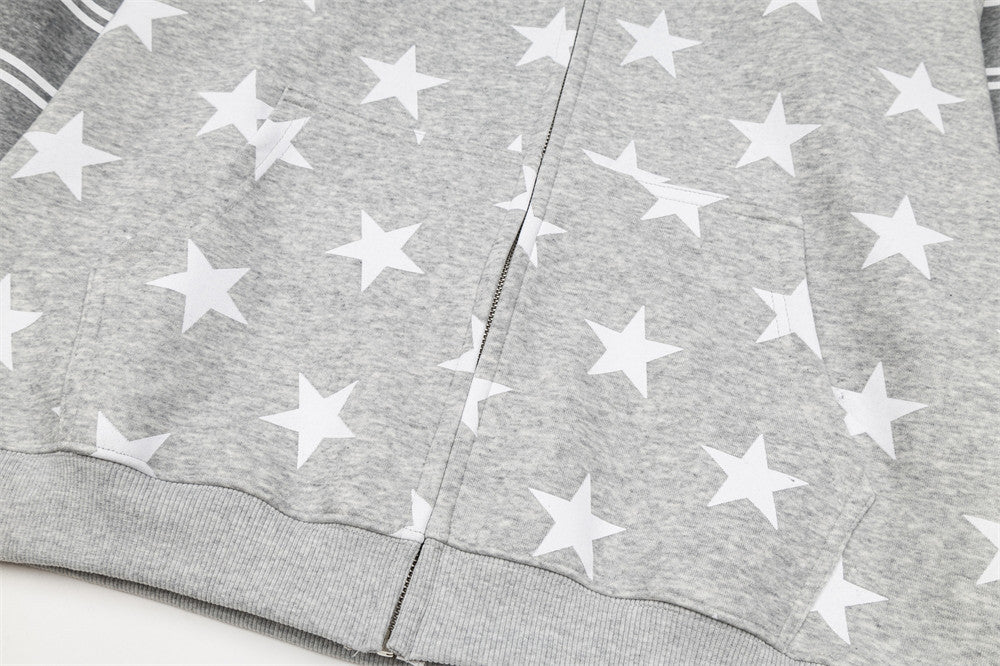 Star Print Zip-Up Hoodie with Striped Raglan Sleeves – Oversized Streetwear