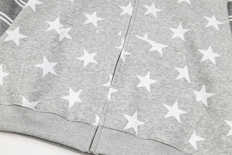 Star Print Zip-Up Hoodie with Striped Raglan Sleeves – Oversized Streetwear
