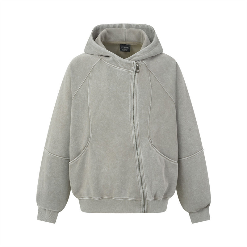 Sweat à capuche zippé homme délavé à l’acide, avec zip diagonal et empiècements déconstruits