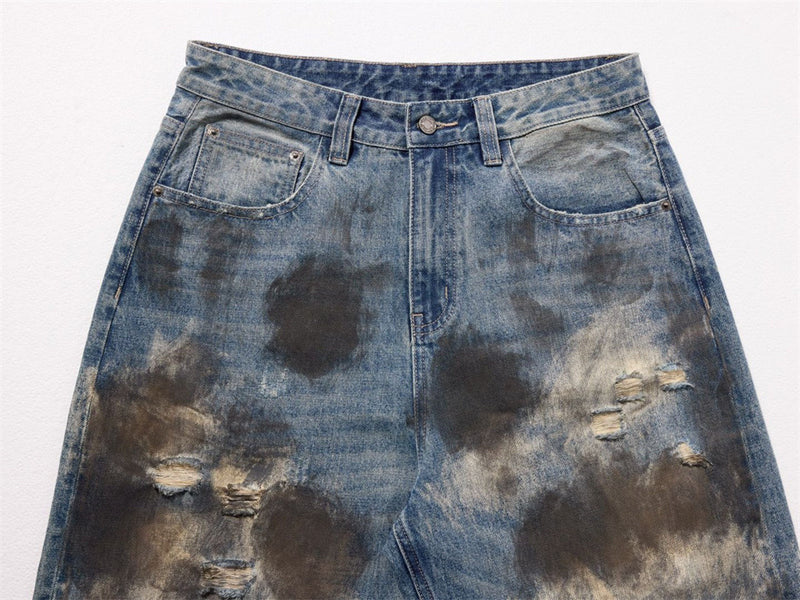 Wide-Leg Distressed Jeans – Dirty Wash Tie-Dye Ripped Denim, Relaxed Fit