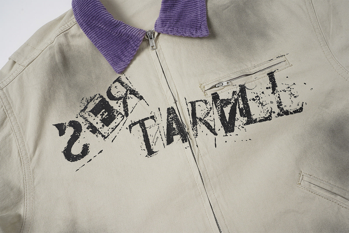 Veste zippée à imprimé graphique avec col en velours côtelé – Streetwear vintage délavé