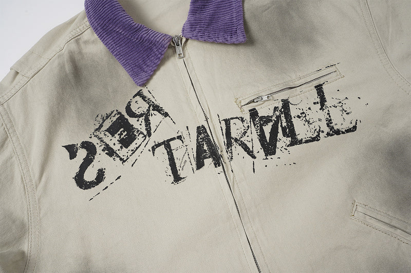 Veste zippée à imprimé graphique avec col en velours côtelé – Streetwear vintage délavé