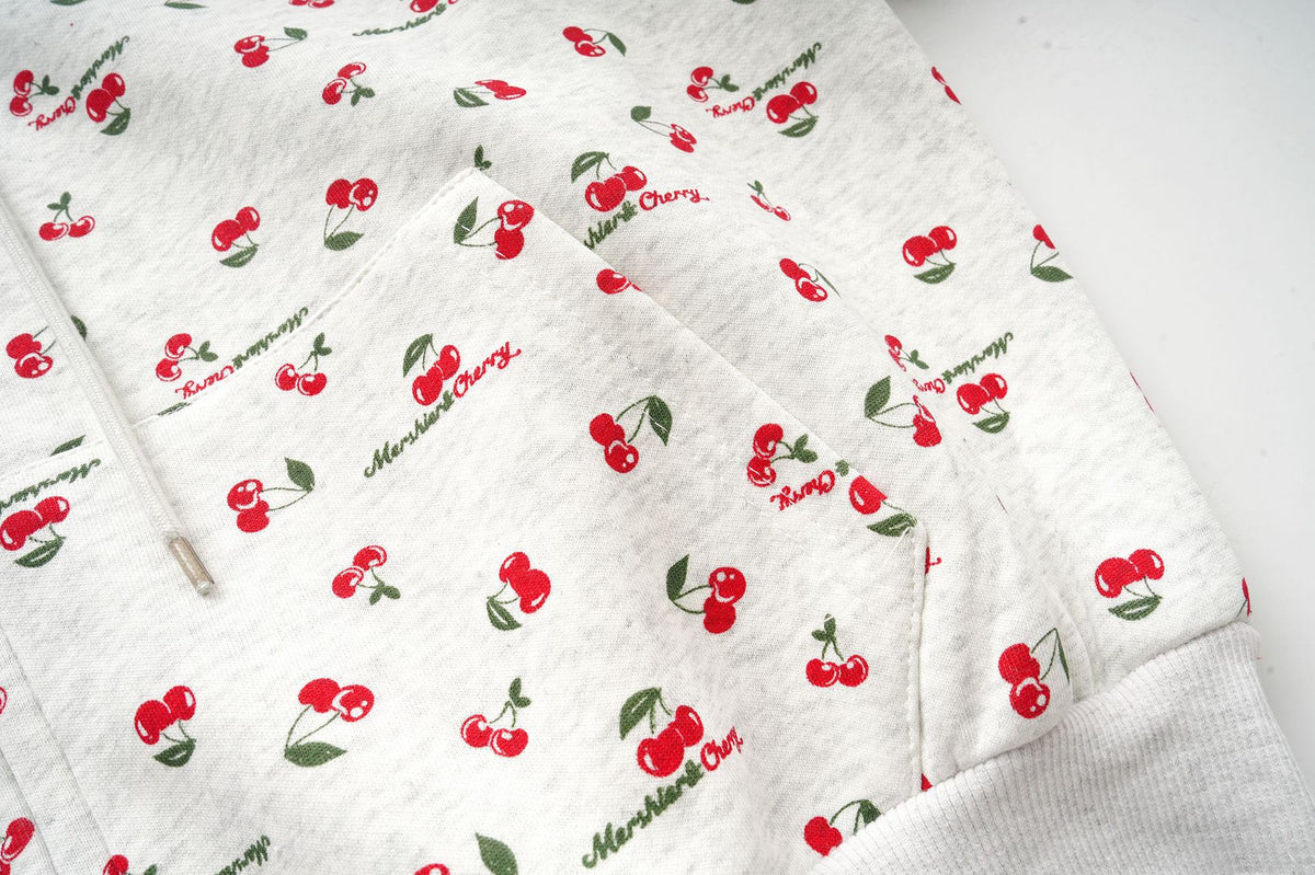 Cherry Print Zip-Up Hoodie & Wide-Leg Sweatpants Set – Heather Grey Floral