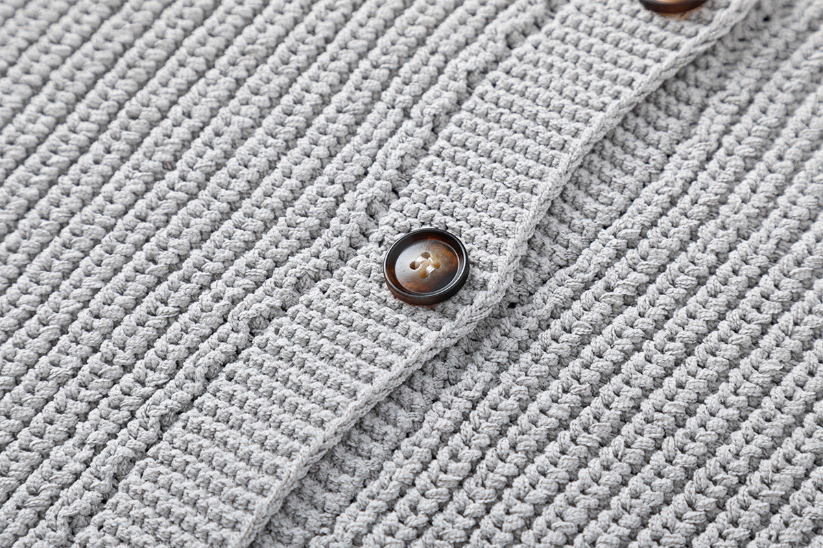 Hooded Knit Button Cardigan with Distressed Hem – Relaxed Vintage Streetwear