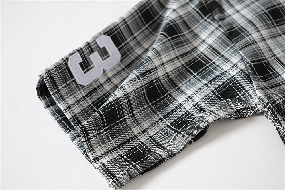 Plaid Short-Sleeve Shirt with Pegasus Embroidery & Studded Lettering