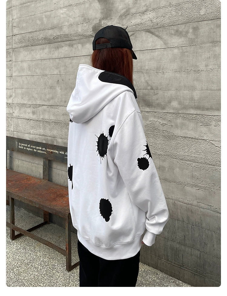 Monochrome Ink Splatter Hoodie - 400GSM Oversized White and Black Zip-Up Streetwear Sweatshirt