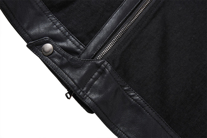 Men's Zip-Up Jacket – Black Moto Biker Style with Asymmetric Zip & Leather
