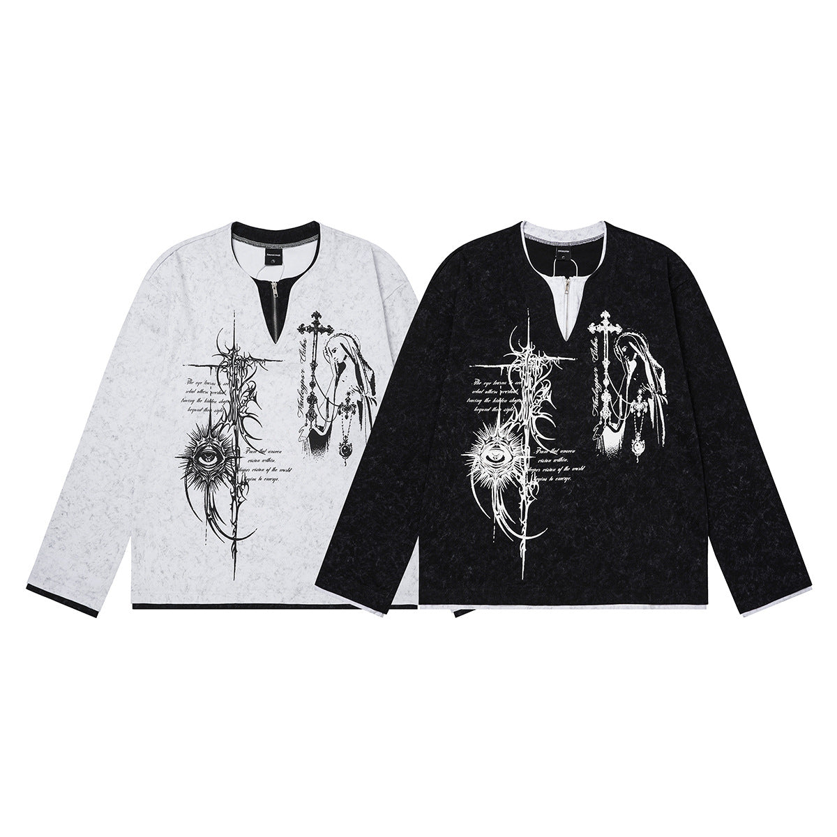 Gothic Graphic Long Sleeve Shirt – Oversized Religious Print, Zip Neckline