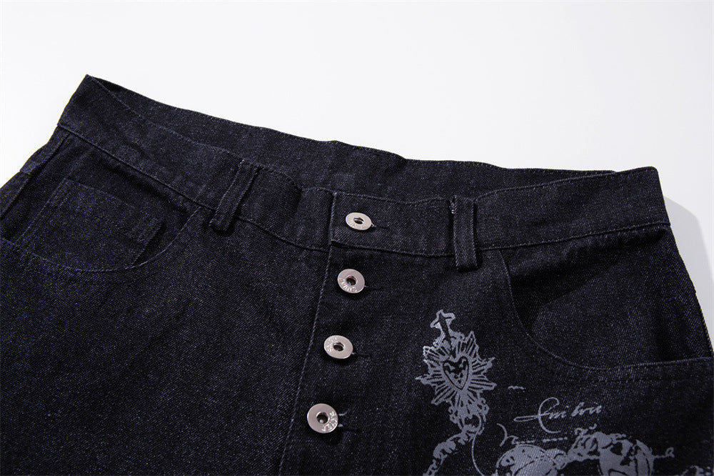 Wide-Leg Jeans – Gothic Cross & Sword Print Black Denim, Baggy High-Street Fit