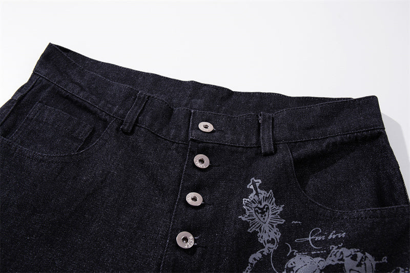 Wide-Leg Jeans – Gothic Cross & Sword Print Black Denim, Baggy High-Street Fit