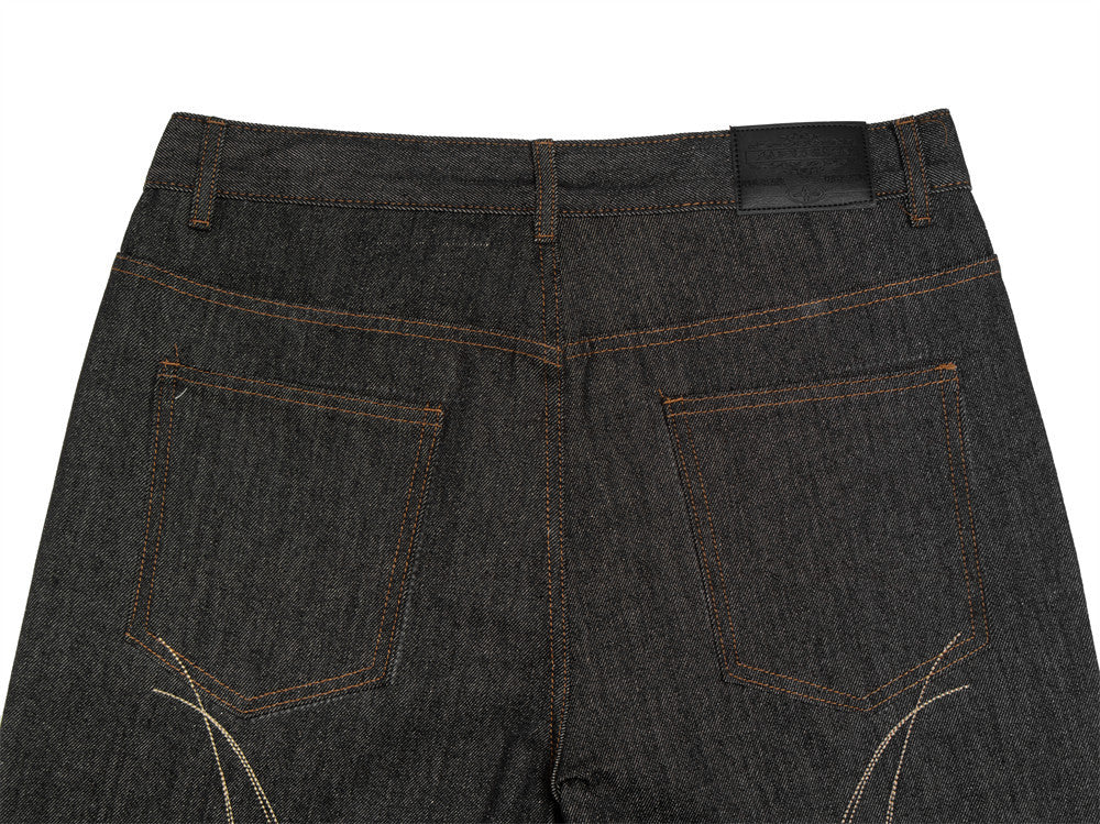 Raw Black Denim Flare Jeans – Wide-Leg Embroidered Streetwear Pants