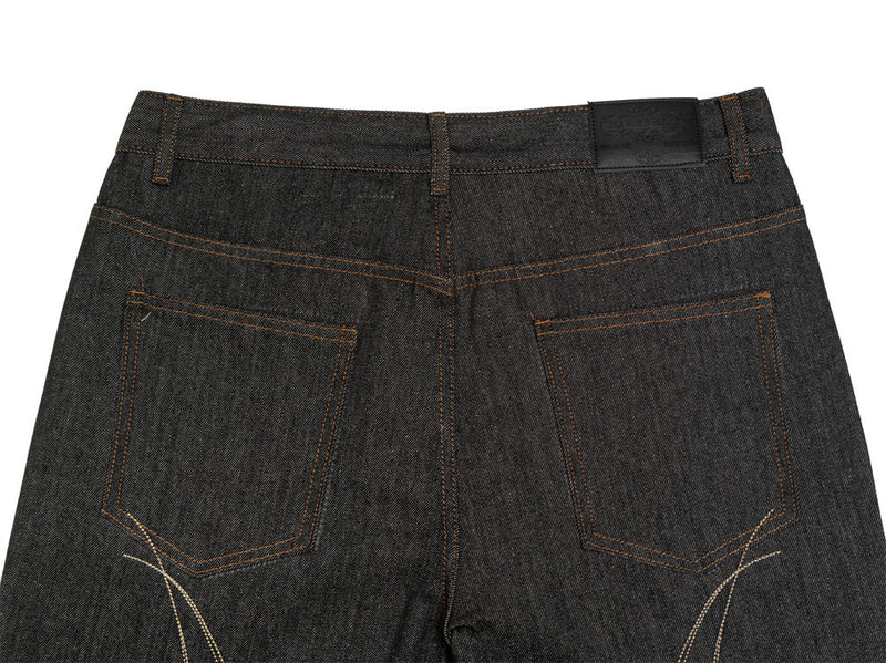 Raw Black Denim Flare Jeans – Wide-Leg Embroidered Streetwear Pants