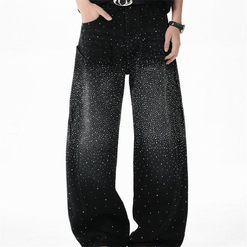 Rhinestone Wide-Leg Jeans – Men's Distressed Denim with Large Cargo Pockets &