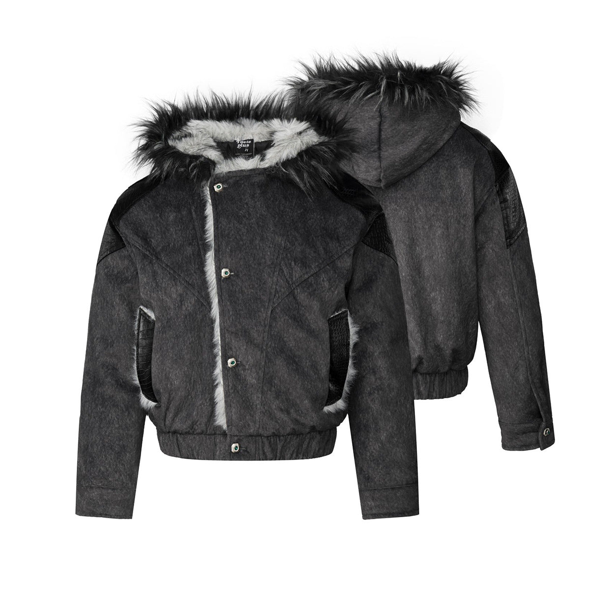 Faux Fur Trim Hooded Bomber Jacket – Textured Fleece with PU Leather Panels