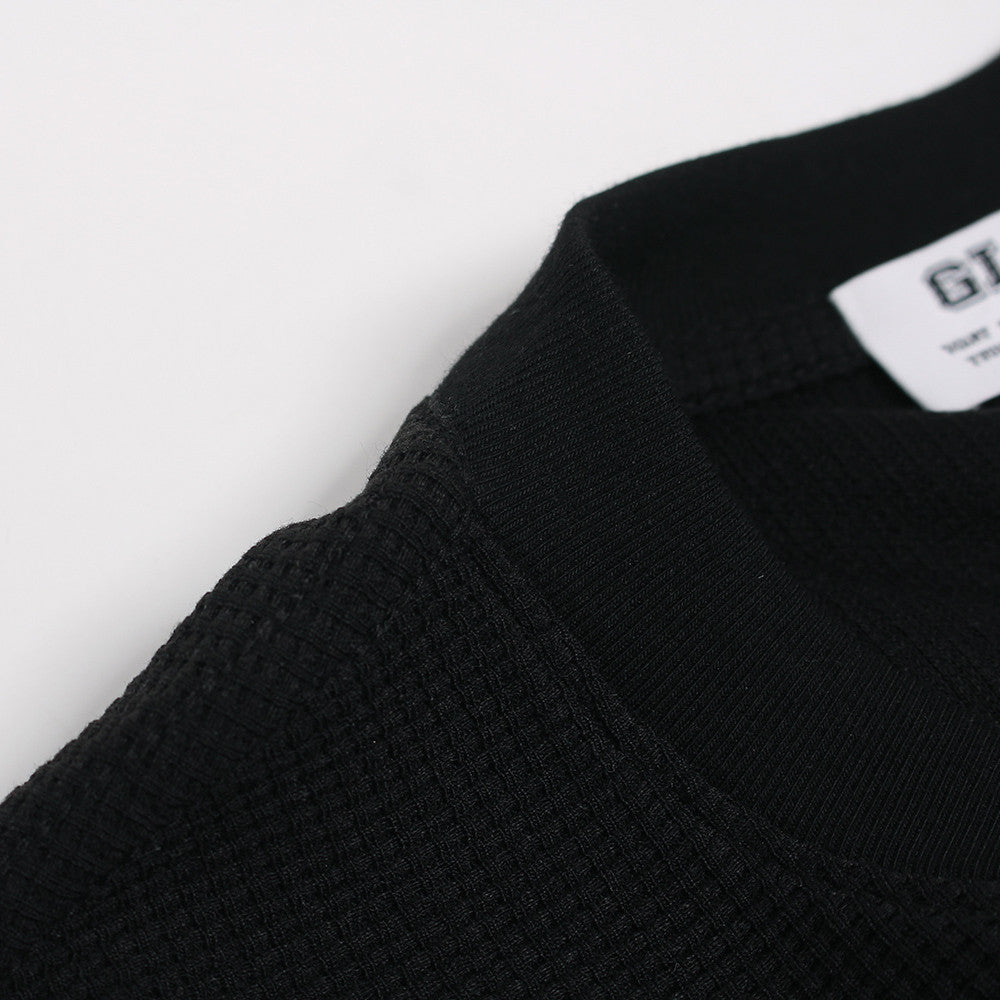 Black Long Sleeve Shirt Women — Oversized Cat Graphic Waffle-Knit Crew Neck Top