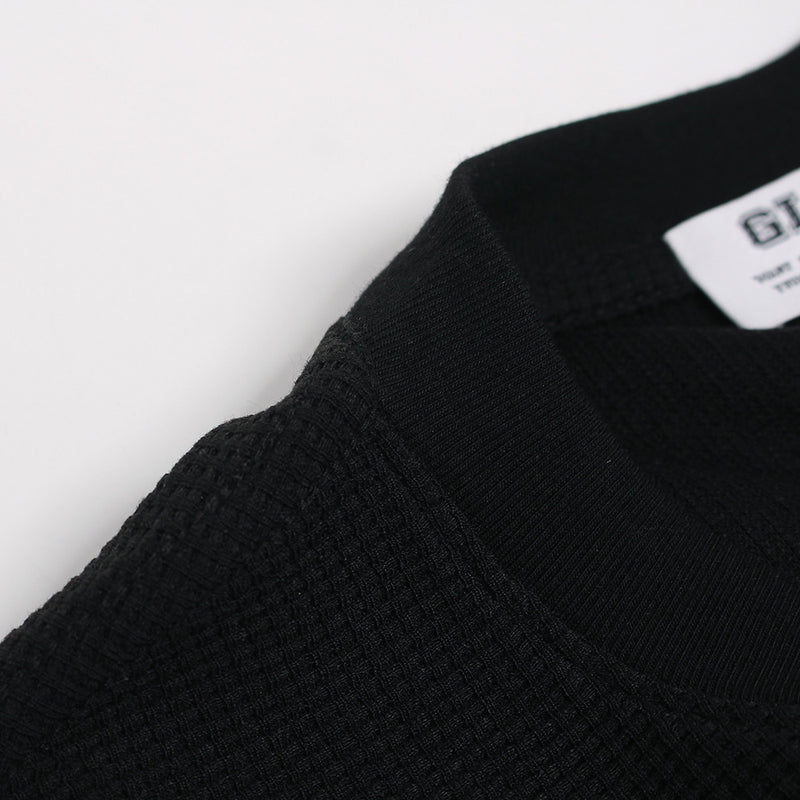 Black Long Sleeve Shirt Women — Oversized Cat Graphic Waffle-Knit Crew Neck Top