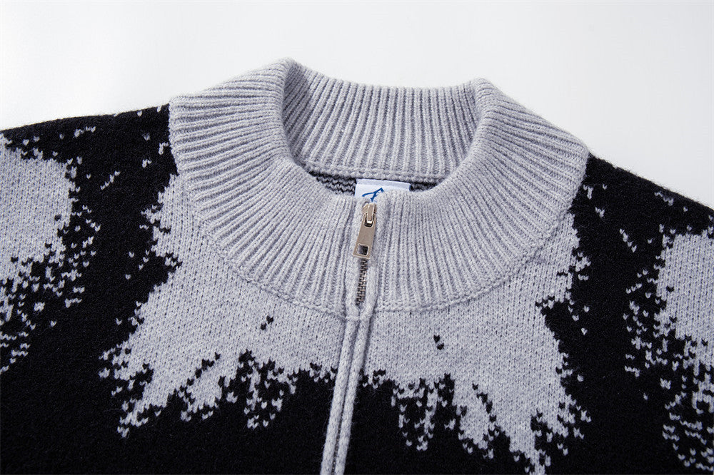 Ink-Splash-Strick-Cardigan mit Reißverschluss – Oversized-Stehkragen