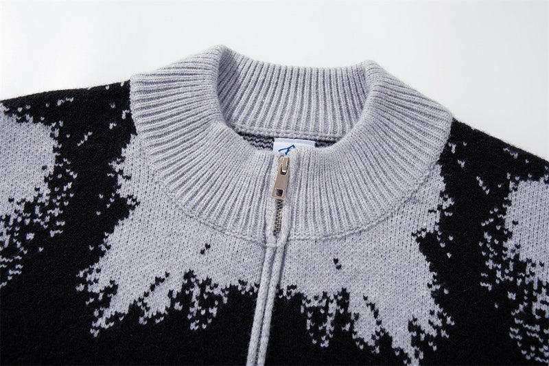 Ink-Splash-Strick-Cardigan mit Reißverschluss – Oversized-Stehkragen