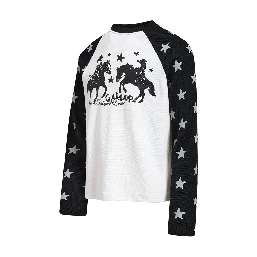 Long Sleeve Shirt Women Cowboy Star Print Raglan Waffle Knit Top