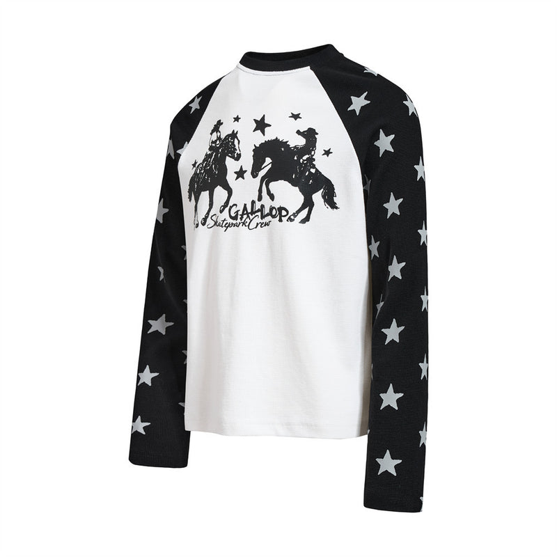 Long Sleeve Shirt Women Cowboy Star Print Raglan Waffle Knit Top