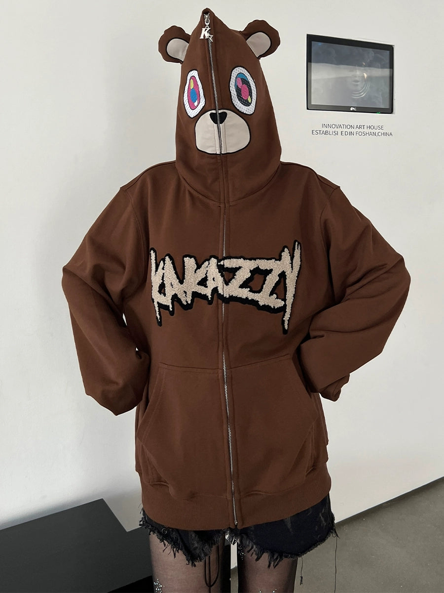 Cute Bear Hoodie - 400GSM Oversized Brown Zip-Up Streetwear Sweatshirt with Ears