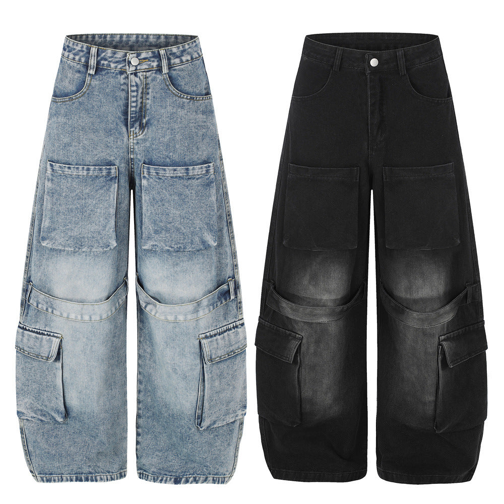 Baggy Cargo Jeans Men – Wide Leg Multi-Pocket Washed Denim