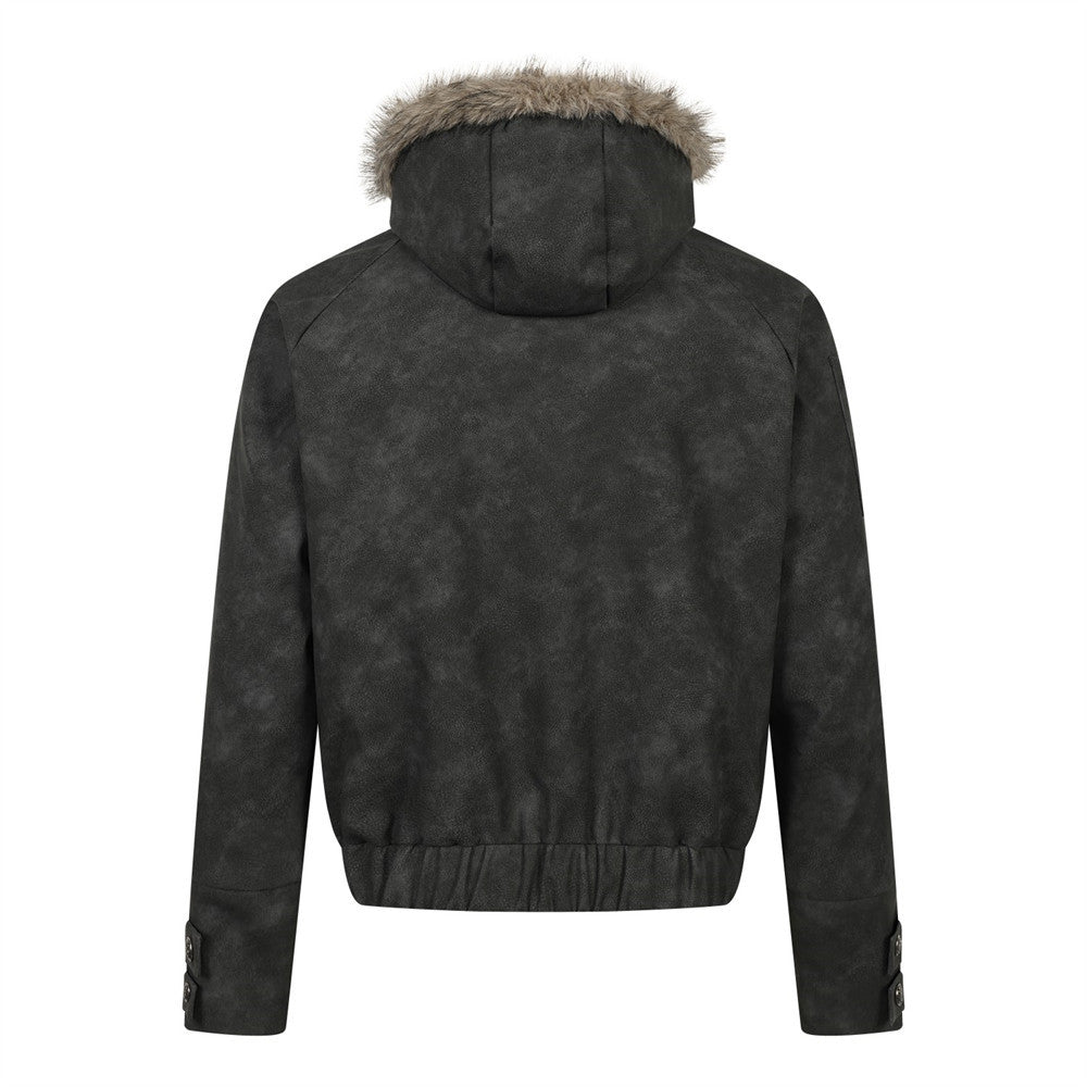 Fur-Trim Hooded PU Leather Bomber Jacket – Letter Embroidery, Distressed Finish