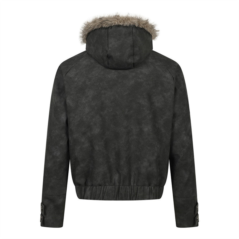 Fur-Trim Hooded PU Leather Bomber Jacket – Letter Embroidery, Distressed Finish