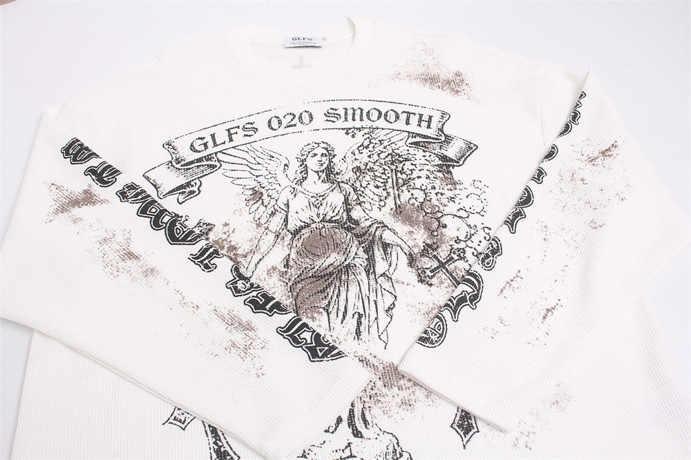 Angel Cross Graphic Long Sleeve Waffle-Knit Shirt – Distressed Print, Relaxed