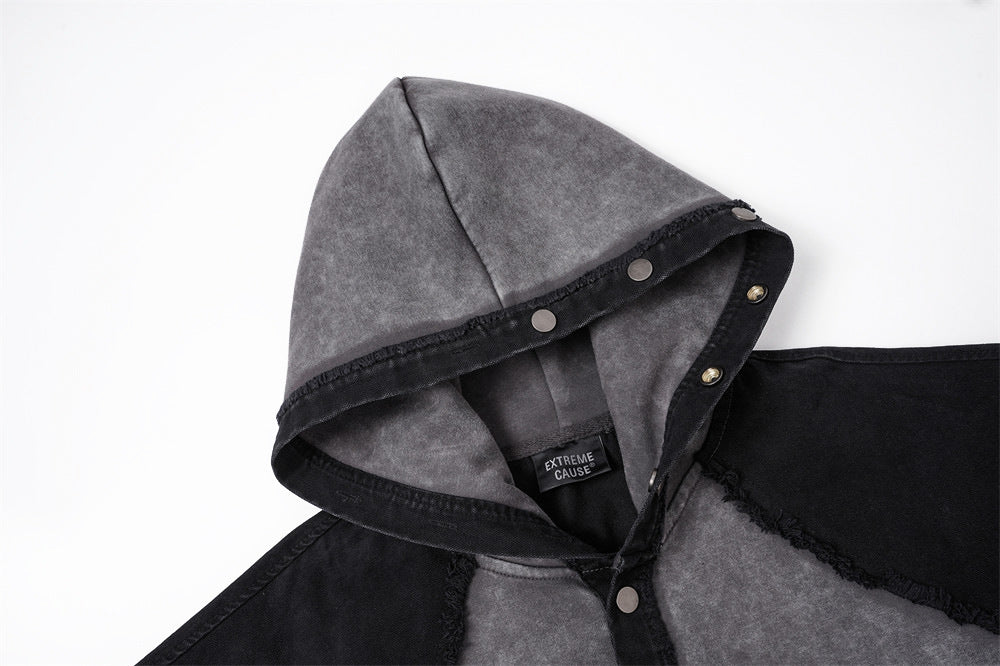 Veste à capuche zippée délavée à l'acide – Patchwork à bords francs et coupe oversize