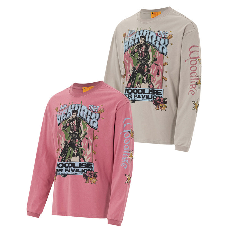 Camiseta Vintage de Manga Larga con Gráfico Moto – Estampado del Concierto de Jimi Hendrix de 1967