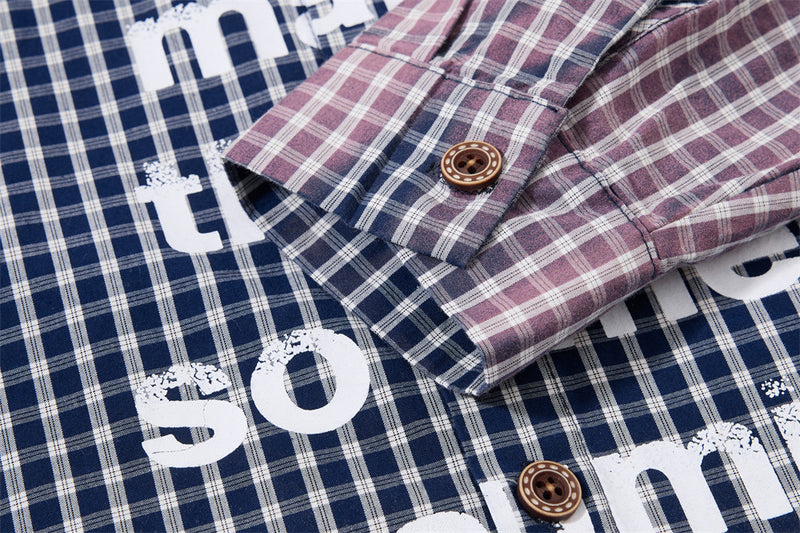 Camisa de manga larga con degradado de cuadros – Corte oversize con estampado de letras
