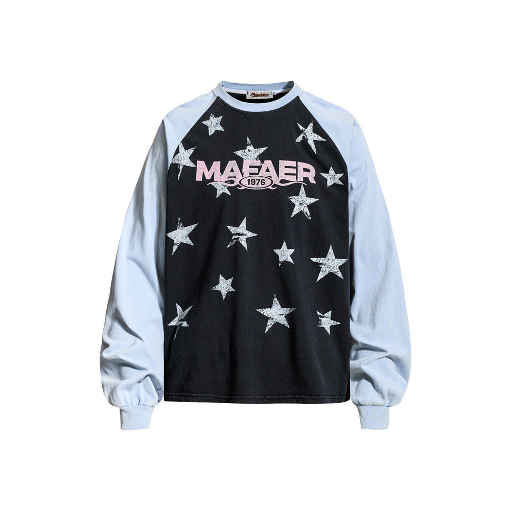 Black raglan long sleeve tee with light blue sleeves, star print, and MAFAER 1976 chest graphic
