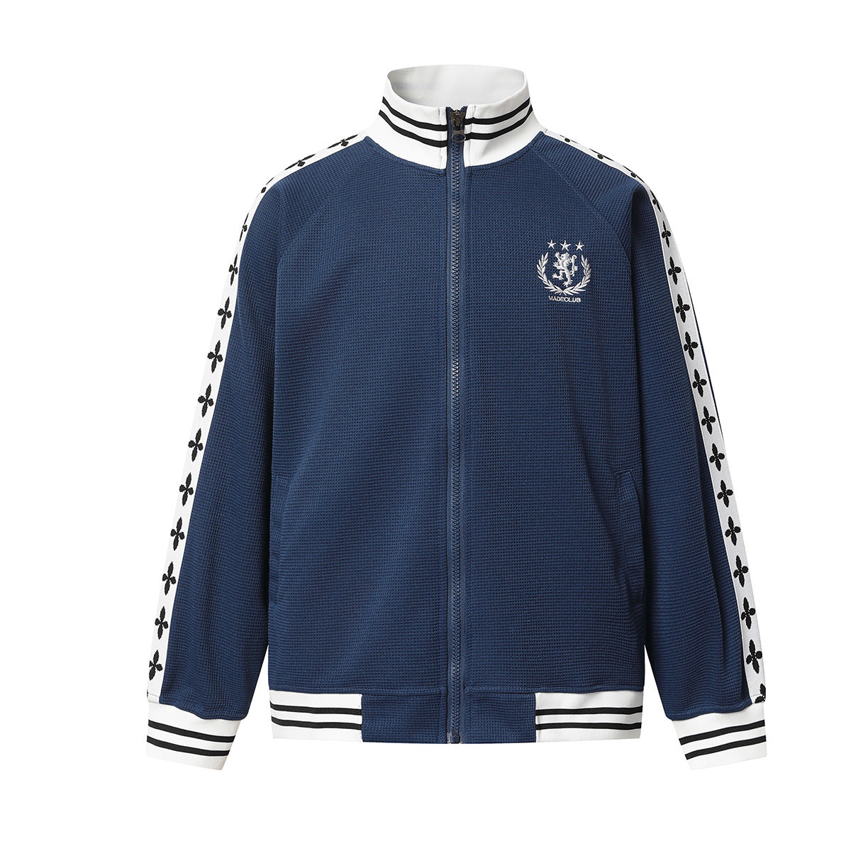 Retro-Trainingsjacken- & Sweathosen-Set – Stehkragen mit Reißverschluss und Fleur-de-Lis-Seitenstreifen