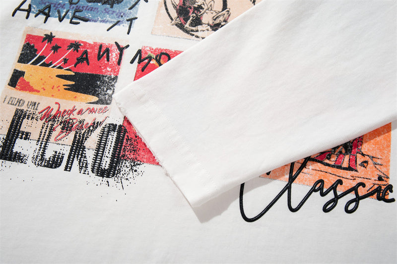 T-shirt graphique homme à manches longues – Imprimé collage en neuf panneaux, col rond décontracté