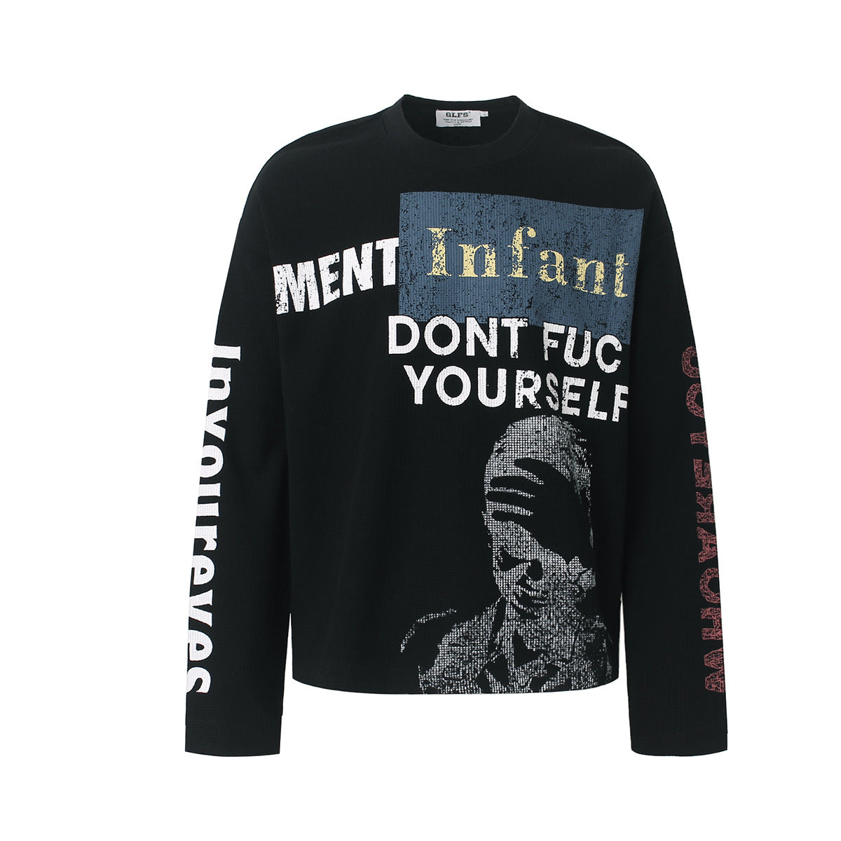 Schwarzes Oversized-Langarmshirt mit Distressed-Streetwear-Print vorne und hinten, Waffelstrickstruktur und Rundhalsausschnitt