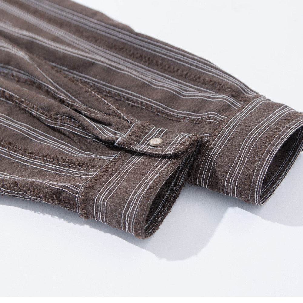 Men's Vintage Striped Oversized Long-Sleeve Shirt with Dual Chest Pockets