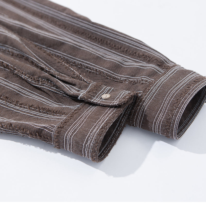 Men's Vintage Striped Oversized Long-Sleeve Shirt with Dual Chest Pockets