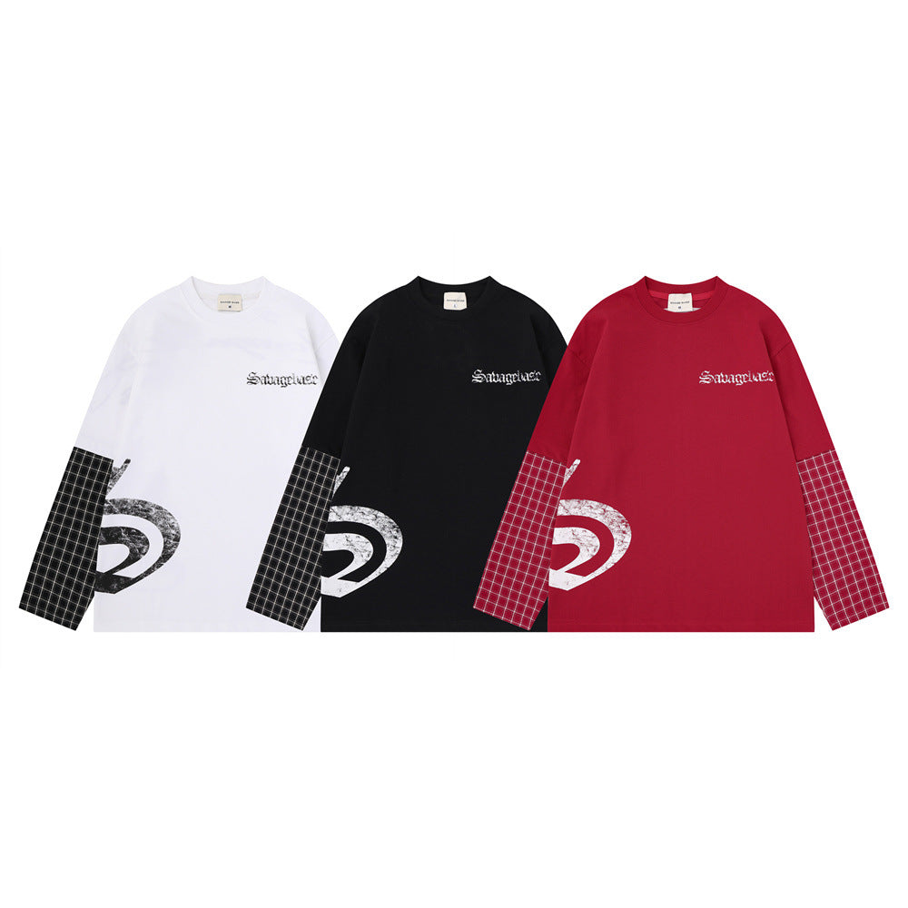 Oversized Faux-Zweiteiler-Langarmshirt mit Karo-Patchwork von Savage Base für Herren, Schlangen-Grafik und Logo-Stickerei in Schwarz,